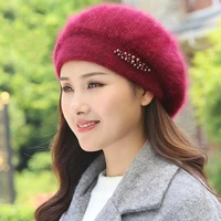 beret women winter hat angora autumn knit beanie warm thick pearl double layers snow skiing outdoor accessory female