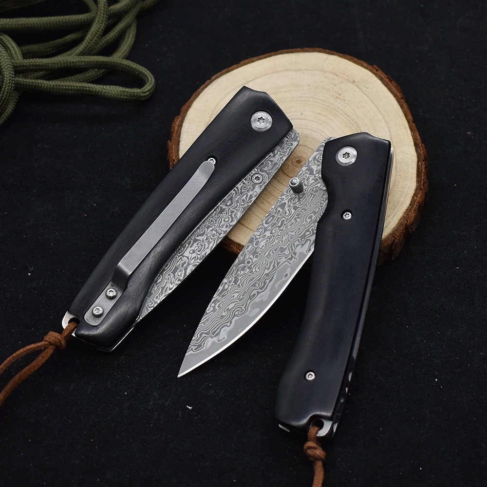 

Damascus Pattern Blade Natural Ebony Handle Folding Knife Pocket Survival Camping Hunting Rescue Outdoor Fishing EDC Tools