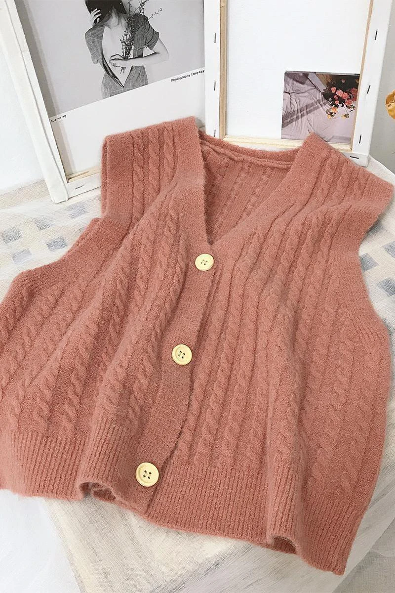 

Spring V-Neck Fashion Oversized Knitted Vest Sweater Vintage Sleeveless Side Vents Female Waistcoat Waistcoat Chic Top