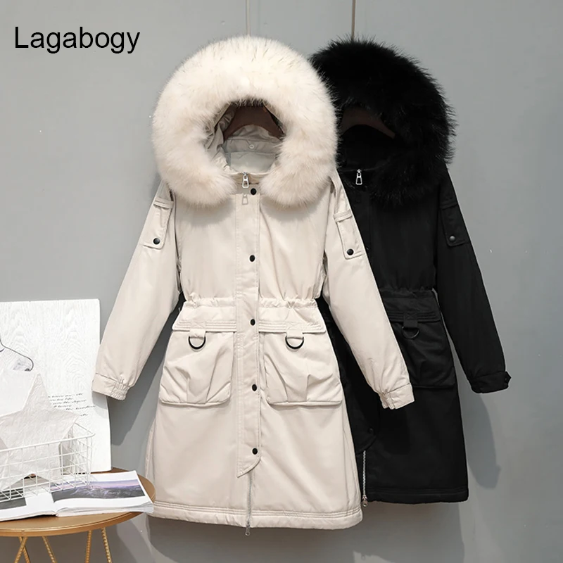 

Lagabogy 2021 Big Real Raccoon Fur Winter Women 90% White Duck Down Jacket Female Thick Hooded Long Parka Lining Detachable Coat