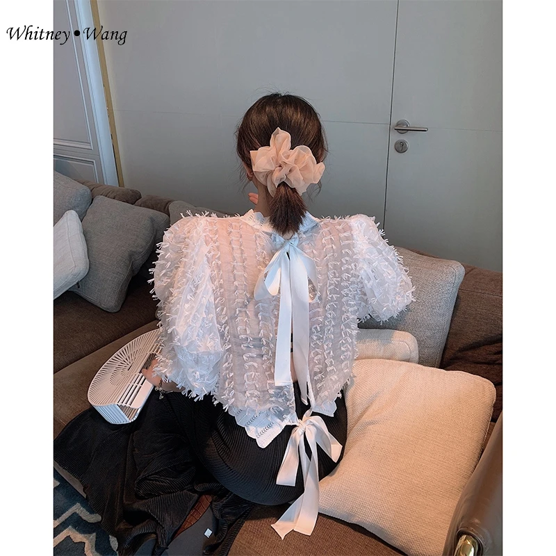 WHITNEY WANG Blouses 2020 Summer Fashion Streetwear Sexy Back Split Bow Feathery Blouse Women Blusas Lady Shirt Tops | Женская одежда