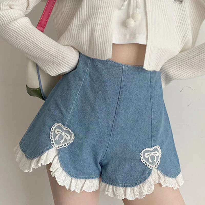 

Women Decals High Waist Lace Hot Shorts Summer Korean Sweet Kawaii Beach Resort Short Jeans Denim Female Shorts Pants