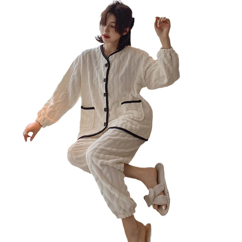 Pajamas for Women Winter Coral Velvet Warm Cardigan Velvet Thickening Plus Velvet Home Service Suit Pajamas Set Homewear пижама