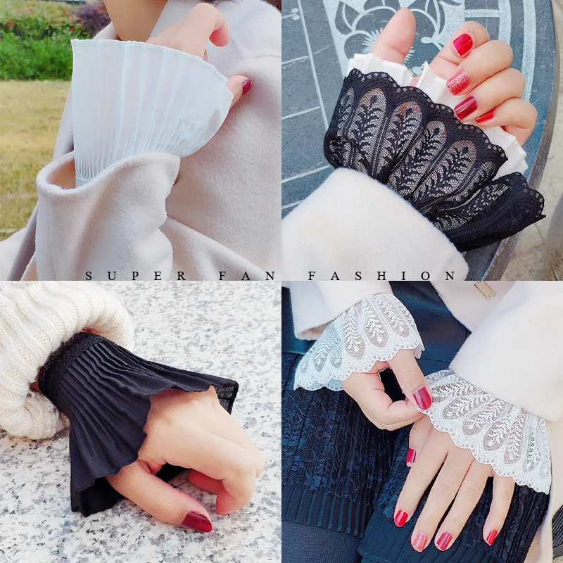 

2023 Solid Color Fake Cuff Girls Fake Flared Sleeves for Women Lace Pleated Detachable Sleeve Fake Cuffs Female False Cuffs