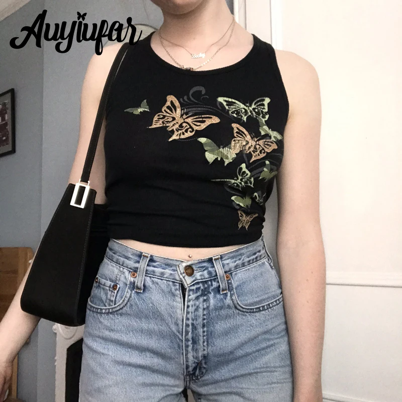 

Auyiufar Butterfly Pattern Cute Fairy Grunge Vest Aesthetic Fashion Colorblock Round Neck Cropped Tops Women Slim Elfcore Cloth