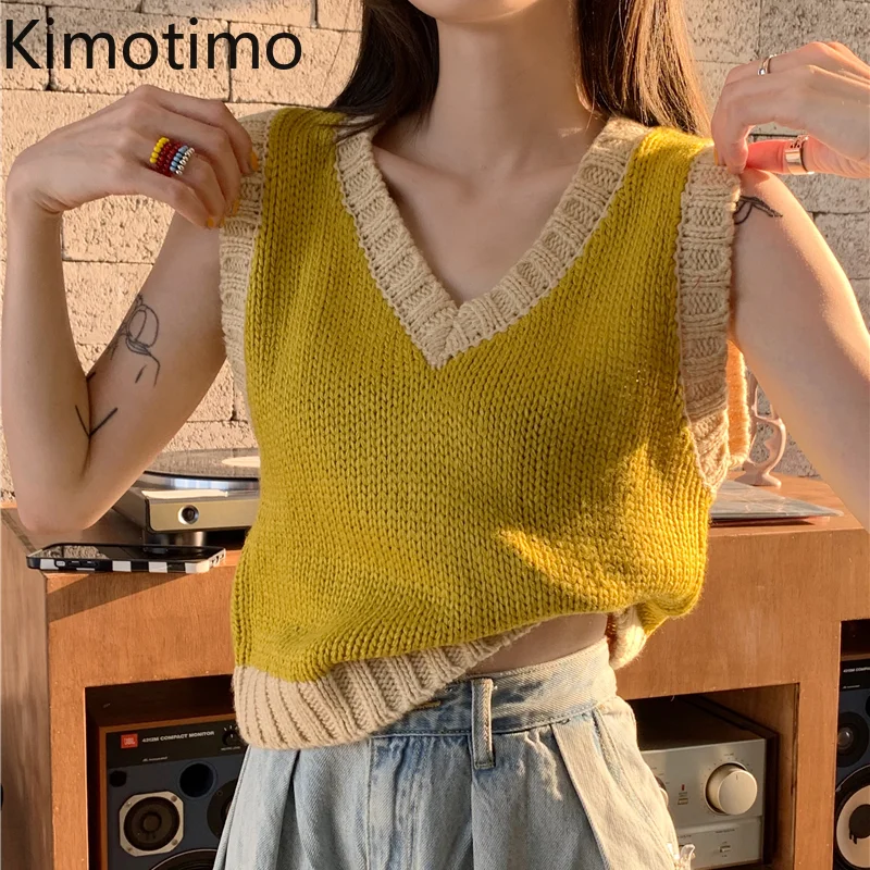 

Женский свитер-жилет Kimotimo, Новинка осени 2021, универсальный жилет без рукавов с V-образным вырезом, корейская модная верхняя одежда, повседне...
