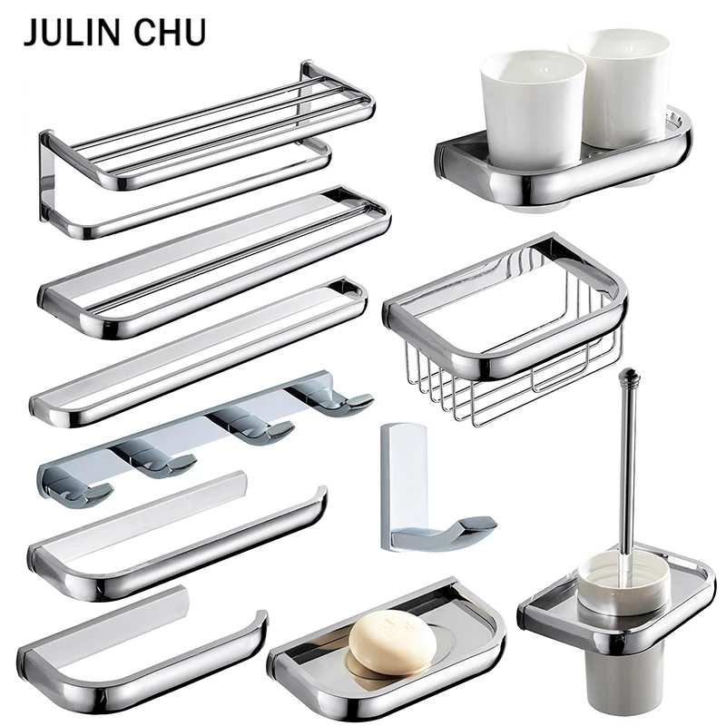 

Chrome Bathroom Towel Rack Bar Kitchen WC Paper Basket Roll Holders Toilet Brush Holder Robe Hook Ceramic Cup Shelf Soap Tray