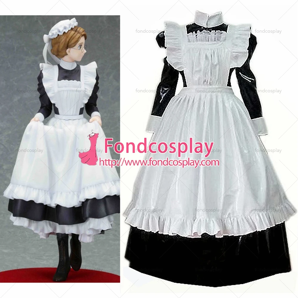 

fondcosplay adult sexy cross dressing sissy maid long black heavy PVC lockable dress Uniform white apron Tailor-made[CK129]