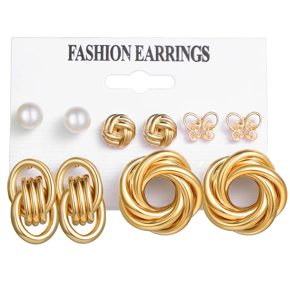 

KISS WIFE Vintage Geometric Gold Metal Earrings Set For Women Punk Pearl Dangle Drop Earrings 2021 Trend Set of Earrings Jewelry