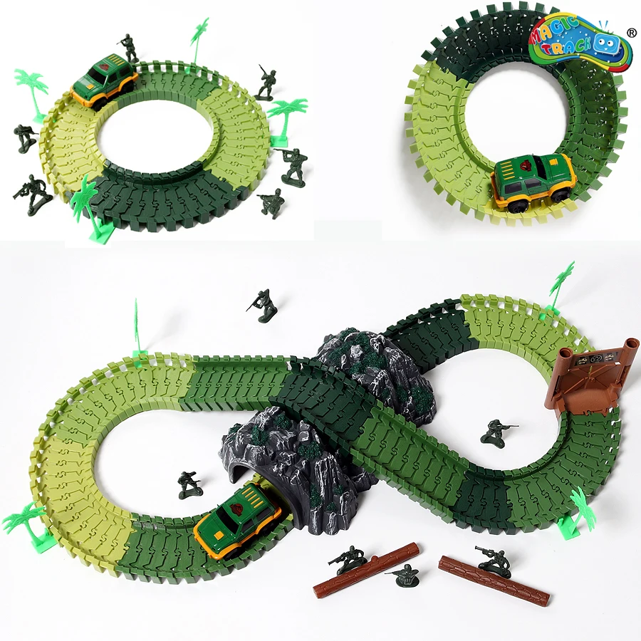 

Magical Outer size 7.2CM DIY Race Track camo color Playset Tracks 96PCS Flexible Tracks with 1 Vehicles 1 tunnels 6 soldiers