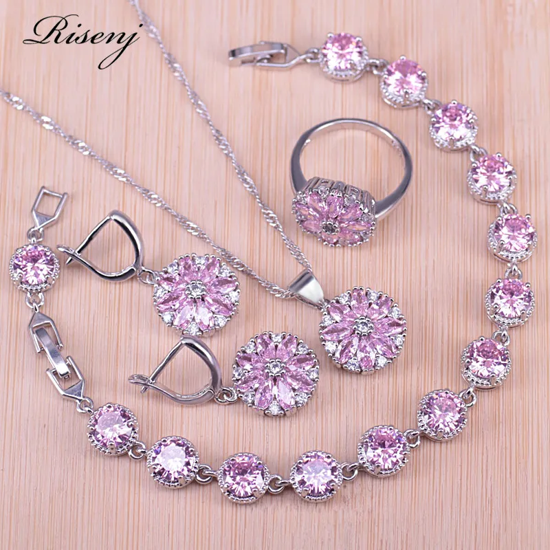 Risenj набор украшений для женщин Серебряный цветок кристалл розовый кубический