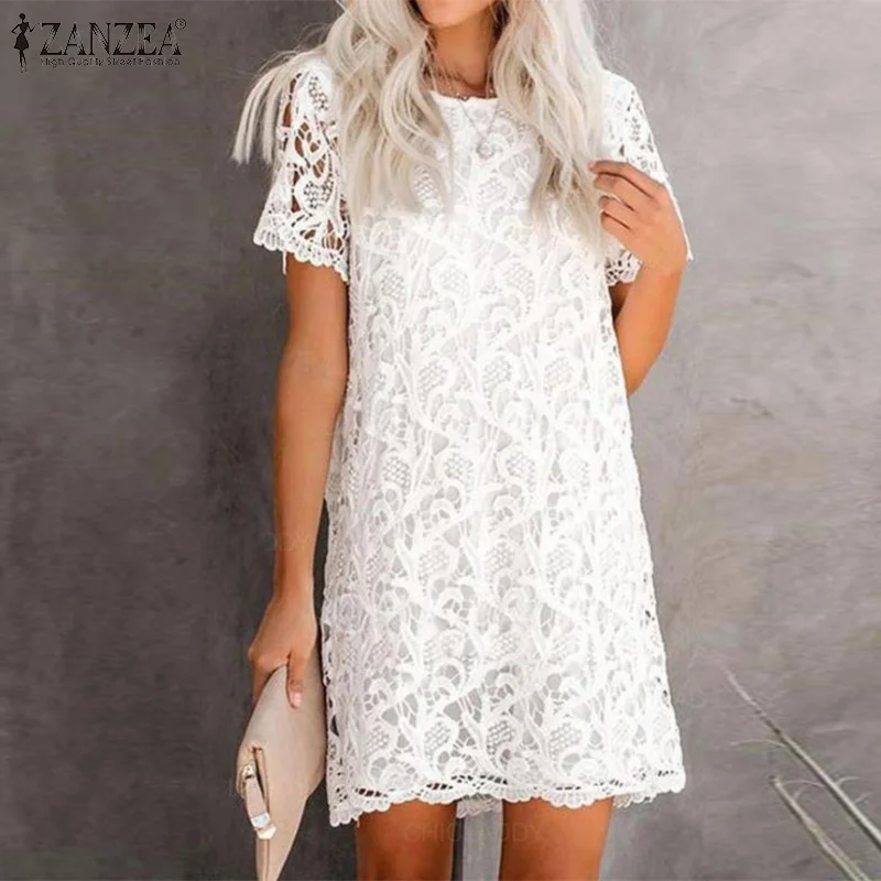 

ZANZEA Vintage Women Short Sleeve Robe Solid Mini Vestido Elegant Summer Lace Crochet Holiday Dress Casual Party Floral Sundress