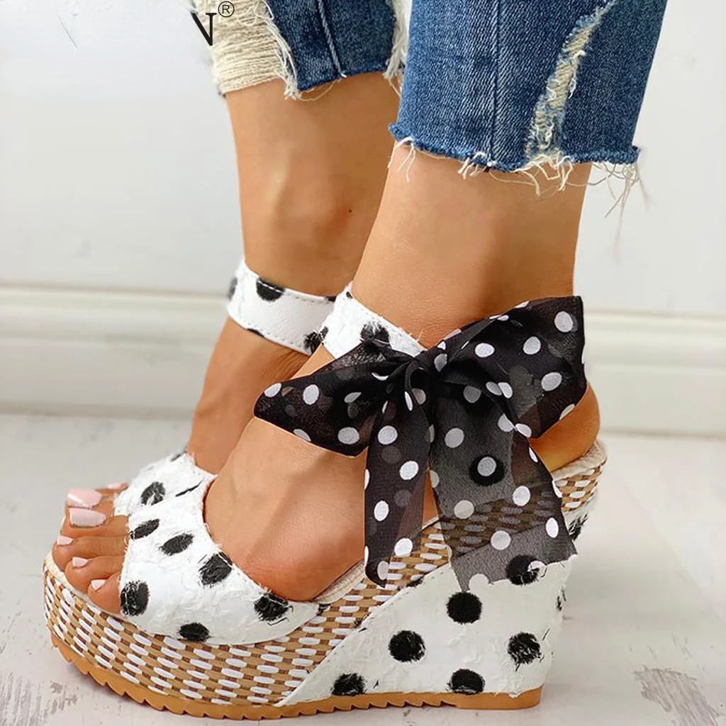 

Women's Ladies Platform Wedges Heel Sandals Fashion Dot Lace-up Shoes Footwear Platform Wedge Slides Beach Shoes Chaussures