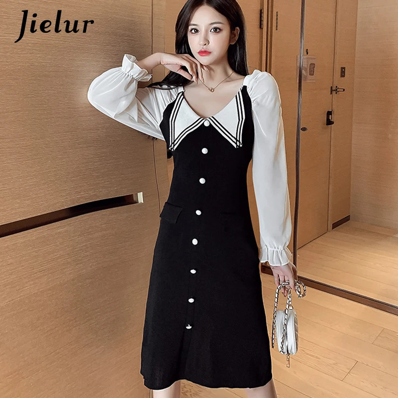 Jielur осень зима с 2021 Новое Черное женское платье привлекательное завышенной