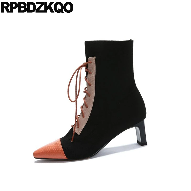 Ботильоны женские на шнуровке спереди с острым носком высоком каблуке|Женские
