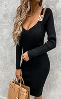 women dress hollow out v neck slim party dress spring autumn long sleeve rib knitted dresses sexy off shoulder metal straps
