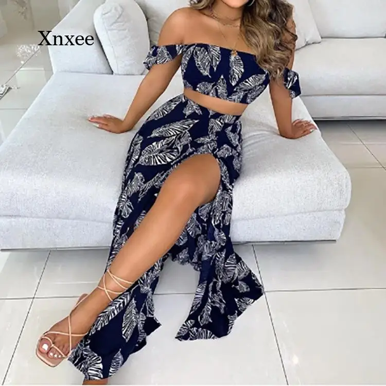 

Summer Women's Long Skirt Suit Fashion Slim Slim Strapless Printed Tops Retro Tube Top Set Dress