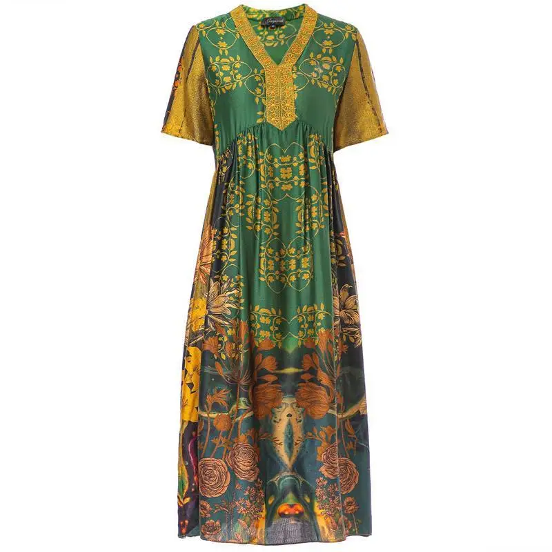 

2021 New High-end Mother's Heavy Silk Printed Dress Big Brand Retro Dress