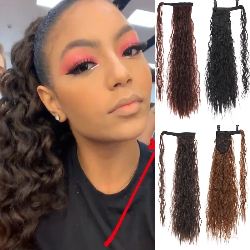 

PAGEUP Long Wave Ponytail Wrap Around Ponytail Clip in Hair Extensions Natural Hairpiece Headwear Brown Gray Synthetic Hair