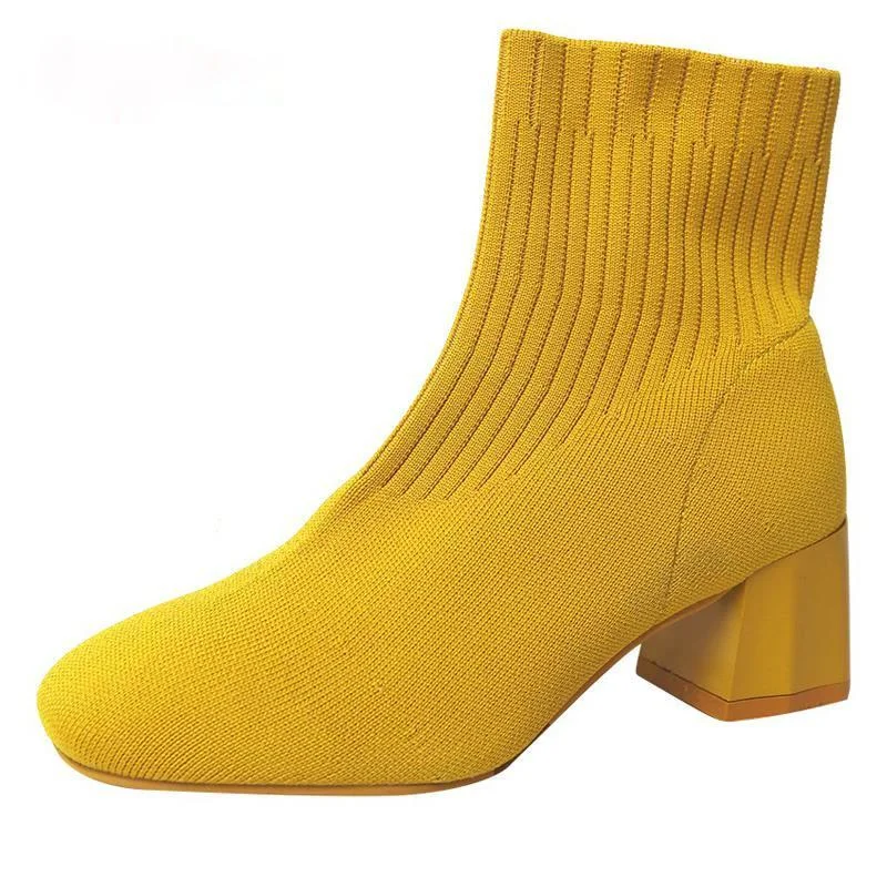 

Stretch Fabrics Sock Boots For Women Shoes 5.5cm Square Heel Yellow Knitting shoes Elastic Cottton Boots Lady Footwear