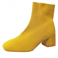 stretch fabrics sock boots for women shoes 5 5cm square heel yellow knitting shoes elastic cottton boots lady footwear
