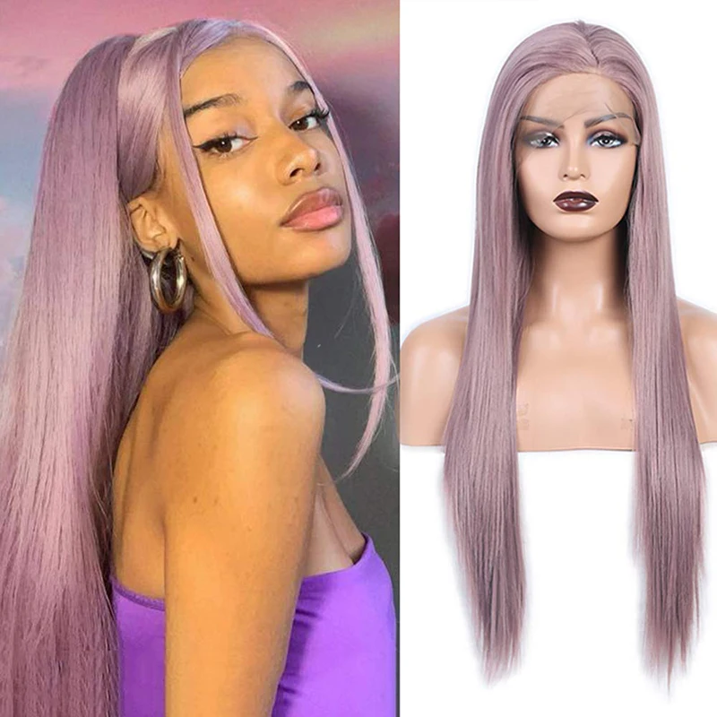 

AIMEYA Ash Pink Lace Front Wig Long Straight Free Part Half Hand Tied Natural Hairline Daily Wear Cosplay Wigs