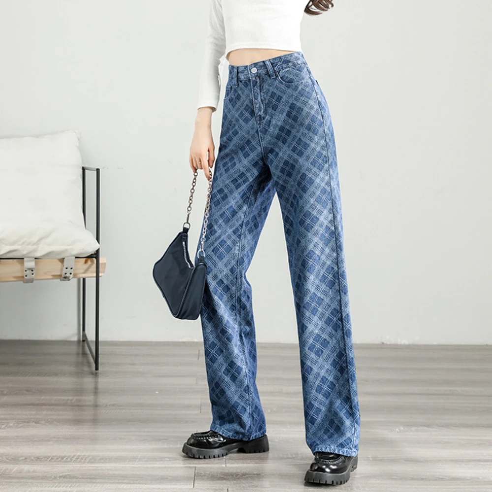 Модные клетчатые уличные женские джинсы Y2k Клубные прямые брюки с высокой талией