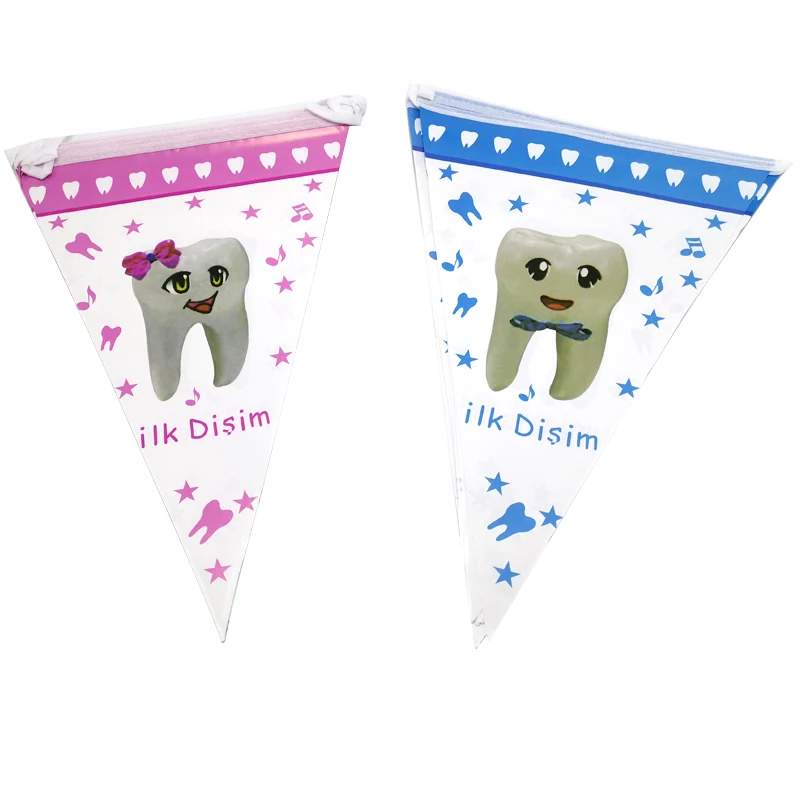 1set/pack Blue Pink First Tooth Hanging Banner Bunting Decorate Baby Teeth Party Paper Flags Boys Girls Kids Favors Pennants | Дом и сад