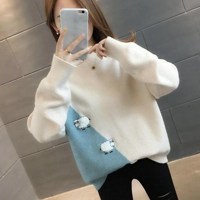 

Female Sweater Long Sleeve O Neck Knitted Pullover Preppy Style Splicing Lovely Sheep Pattern Jumpers Straight Top 2021 Autumn