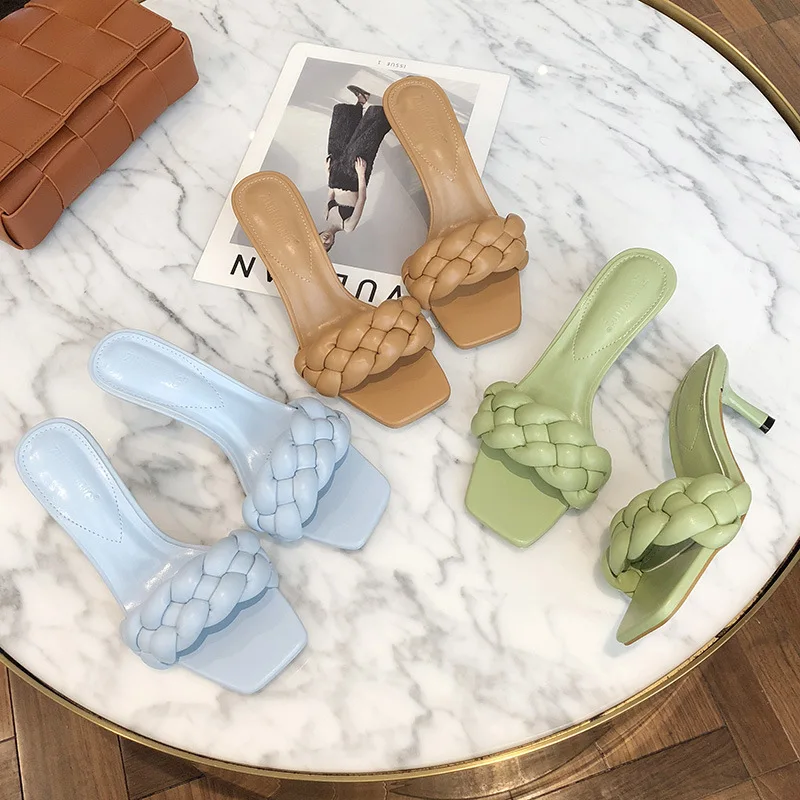 

2020 Summer New Elegant Small Thin Heeled Woven A- line Square Head High Heel Fairy Wind Slipper