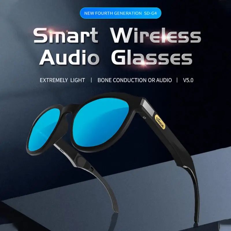 구매 1pc 새로운 G4 스마트 안경 무선 블루투스 호환 선글라스 뼈 전도 헤드폰 스포츠 헤드셋 사이클링 운전