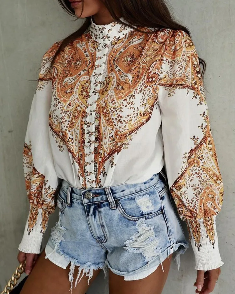 

Scarf Print Button Up Shirred Detail Top