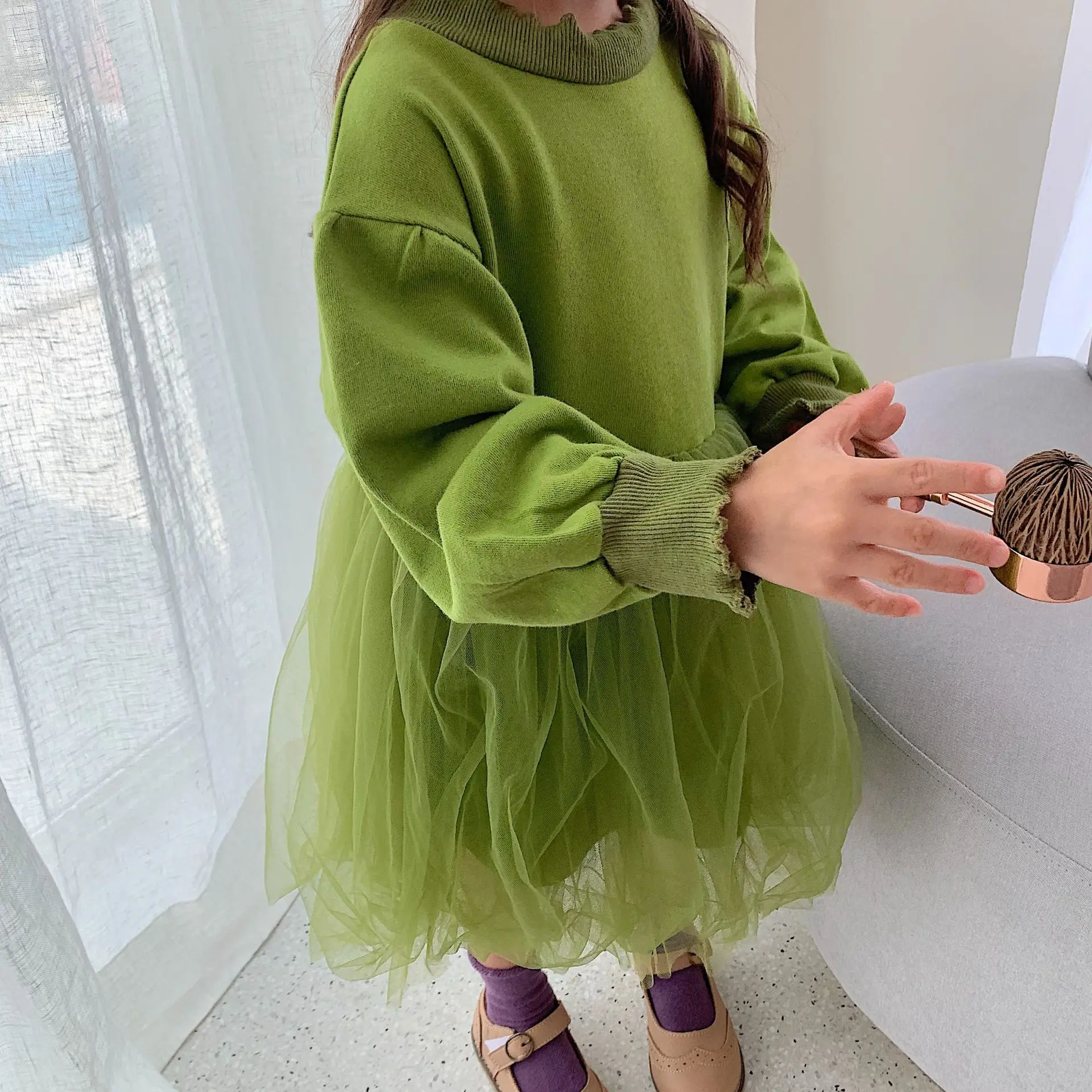 WLG/платья для девочек сезон весна-осень платье в стиле пэчворк цвет зеленый