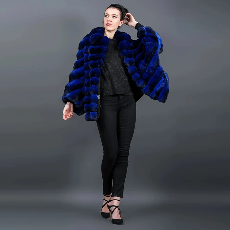FURSARCAR NEW 2021 Luxury Real Rex Rabbit Fur Coat Winter Women Chinchilla Jacket 70cm Blue Color Natural Rabbit Fur Outwear enlarge