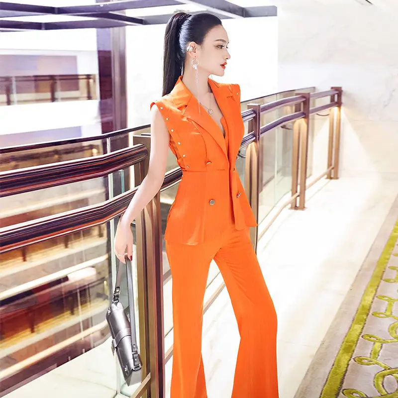 

2021 женская летняя формальная офисная одежда, Униформа, женские брюки, жакет без рукавов и брюки, костюмы, комплекты из 2 предметов, одежда P242