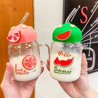 fruit transparent straw cup cartoon fruit glass water bottle with cover and straw heat resistant lovely milk breakfast cup