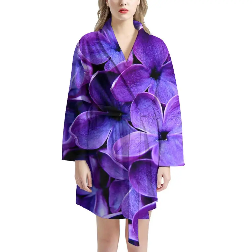 Женская ночная рубашка с фиолетовым цветочным принтом зимняя теплая