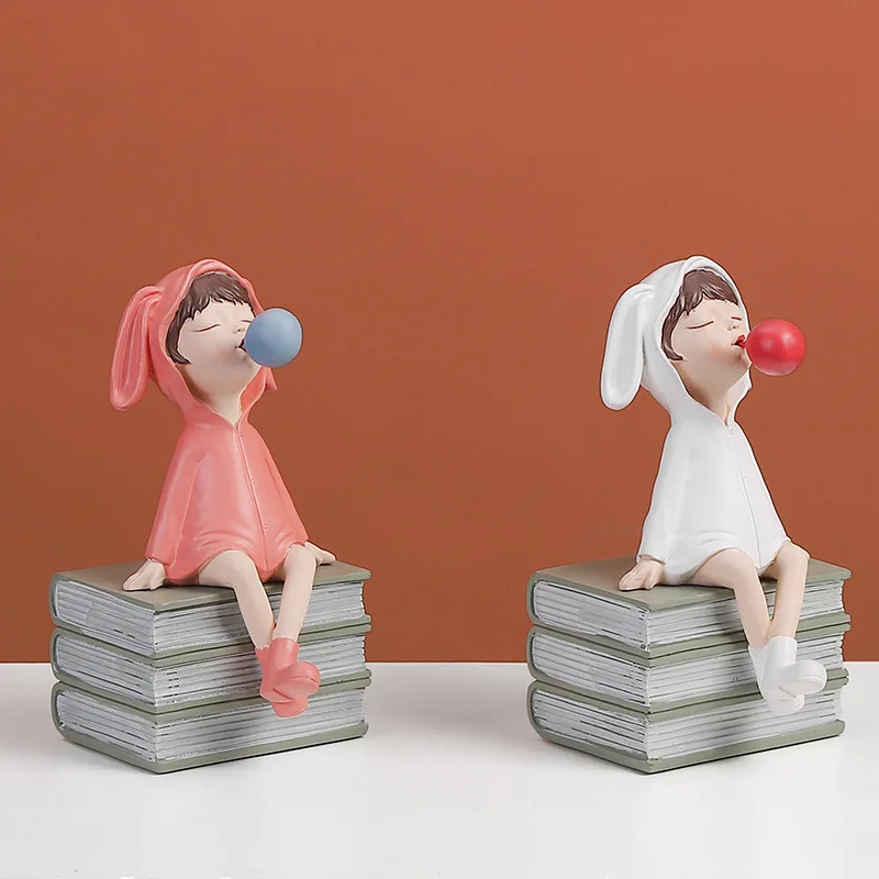 

Cute bubble mouth girl simulation character resin ornaments book girl living room creative decoration crafts porch bookshelf