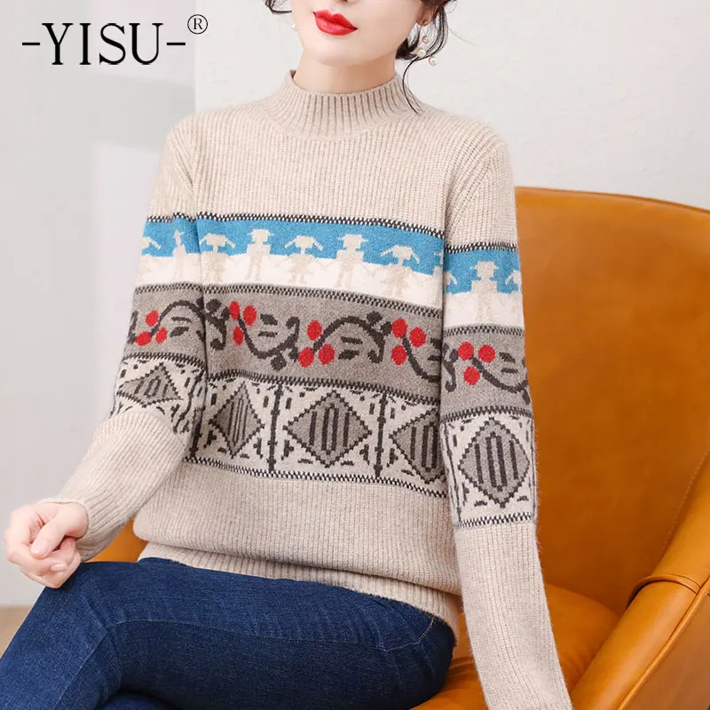 

YISU New Half high collar Women Sweater Printing Loose Warm Long sleeve Sweater Female Casual Female Pullove Women's clothing
