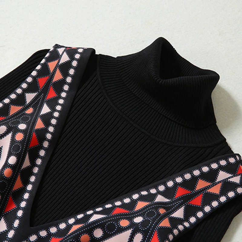 AELESEEN Retro High Street Winter Twinset Women Runway Design Geometric Printed Tank Dress + Highly Elastic Knitting Tops Suit | Женская
