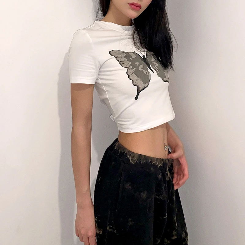 Харадзюку облегающая женская белая хлопковая Футболка укороченный топ Летняя