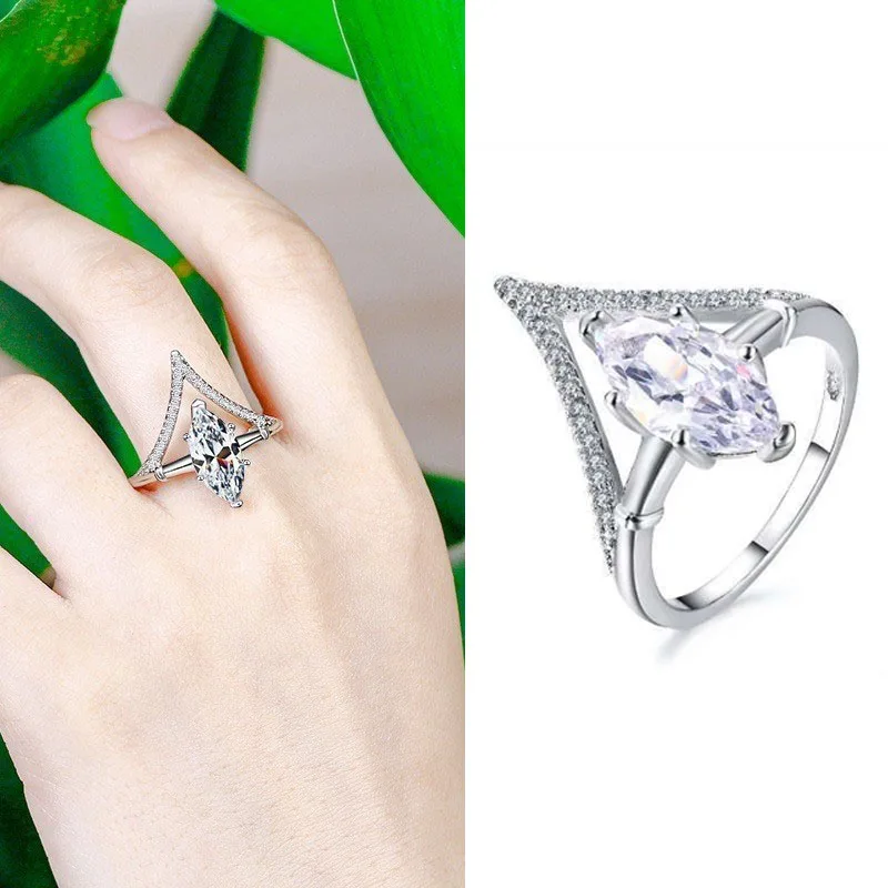 

Trendy "V" Shaped Inlaid Rhinestone Zircon Ring with Egg-shaped Crystal for Women Party Wedding Engagement Jewelry