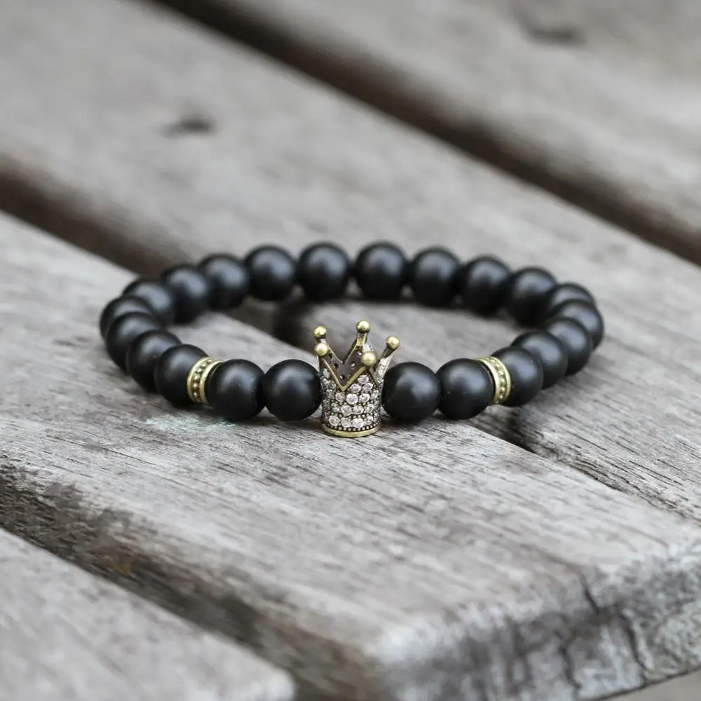 Мужской браслет с черным и белым фианитом стильный матовым камнем 2019|Плетеные