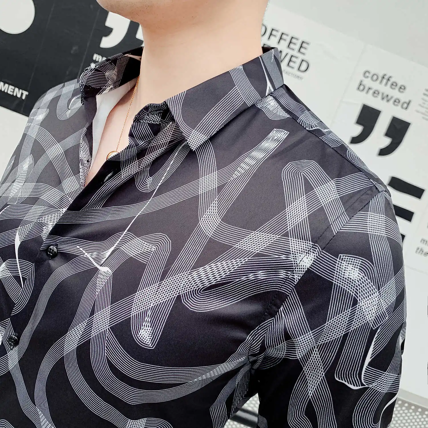 

Four Social Seasons Shirts Turndown Collar Camisas Para Hombre Texture Printing Self-cultivation Long Sleeve Shirt Temperament