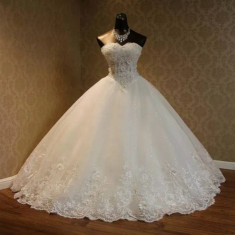 

Verngo Sparkly Ball Gown Beads Crystal Wedding Dress Sweetheart Pearls Lace Applique Princess Bride Dresses Lace Up Bridal Gown