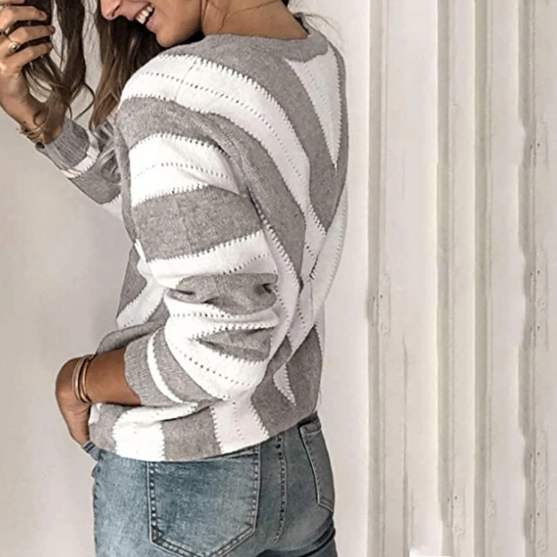 

Women Autumn Long Sleeve Pullover Sweater Sexy Deep V-Neck Striped Knitted Tops Casual Loose Jumper Shirt Streetwear