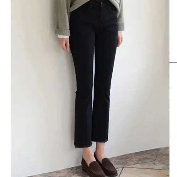 

Korean new mini trumpet Capris women's High Waist Wide Leg loose size stretch straight skinny jeans Plush