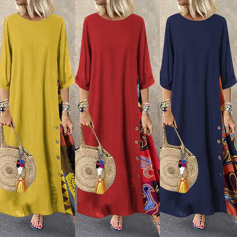 

Autumn Womens Printed Maxi Long Dress Bohemian Ruffle Sundress Short Sleeve Patchwork Vestidos Loose Party Casual Female Clothes