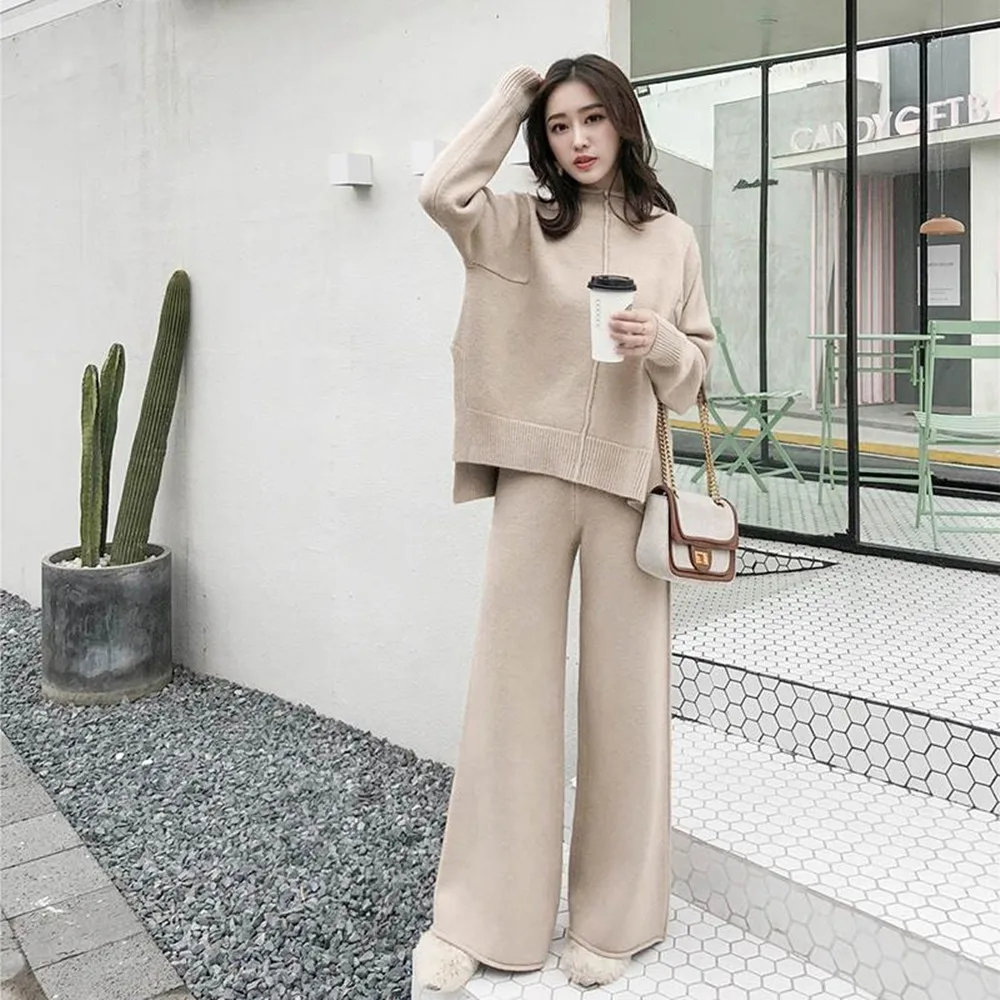 

Spring and Autumn Half Turtle Neck Straight Leg Pants Warm Sweater Set Knitted Two-piece Fashion Casual Commuter Ladies Clothes