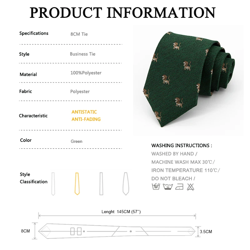 8 CM Green Tie Brand Designer Animal Jacquard Lion Fashion Formal Ties For Men Business Suit Work Necktie With Gift Box